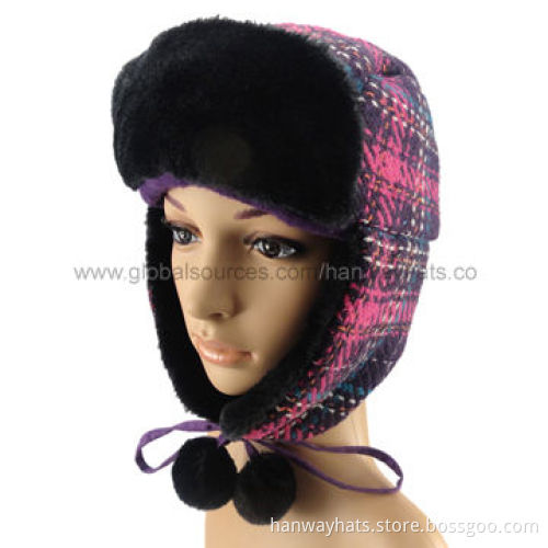 Fashionable Winter Cap for Girls with Tipper Fur on the Front and Earflap and Fur Pompoms